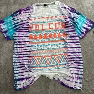 Vintage Volcom Tie Dye AOP Surf wear Tee Shirt Size Large Graphic Y2K Baggy